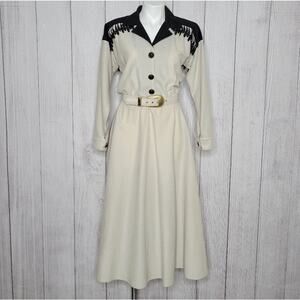 Cream and Black Long Sleeve Maxi Dress with Belt